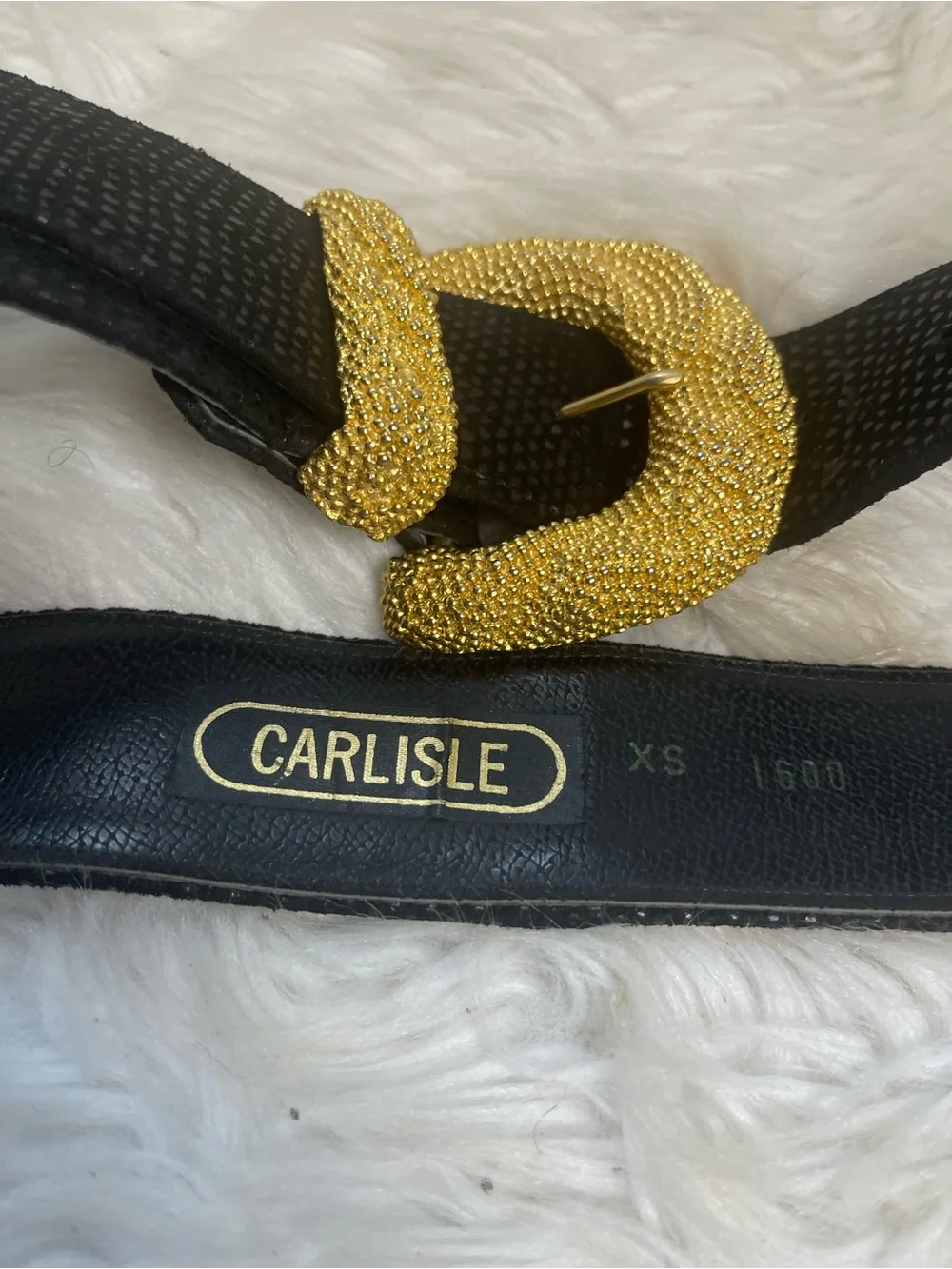 Carlisle leather black texture belt with oversized beaded gold tone buckle SZ XS